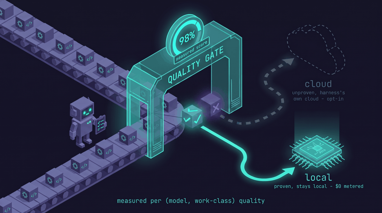 The quality gate — work proven on a tier stays local ($0 metered); unproven work is deferred to the harness's own opt-in cloud subscription; measured per (model, work-class)